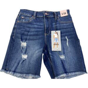 Celebrity Pink 3/26 Hi-Rise Fray Bermuda Denim Shorts With Distressed Details